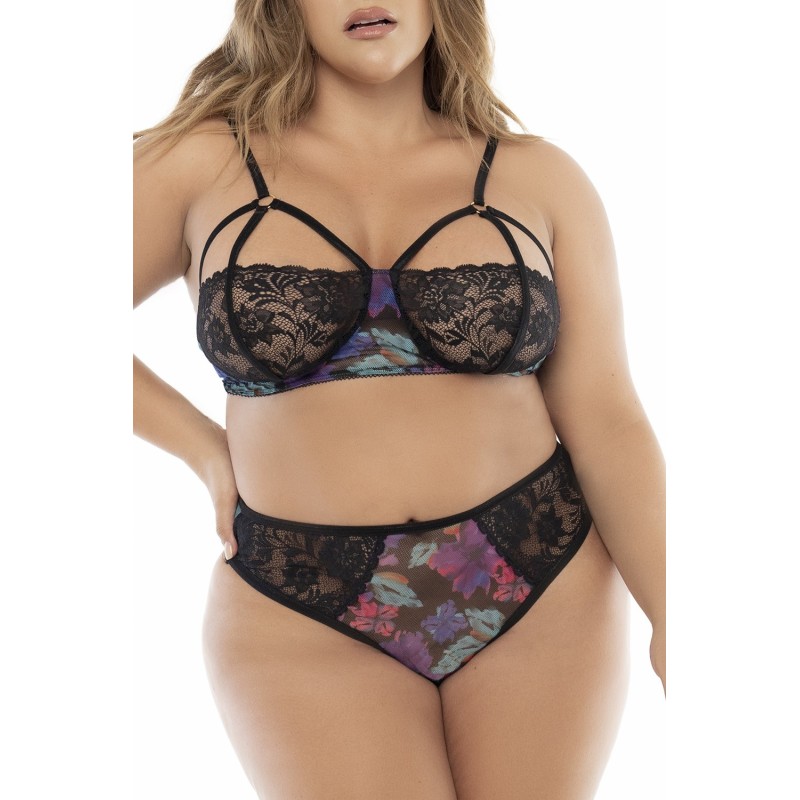 Deux-en-un, nuisette et ensemble trois pièces noir, grande taille, tissu fleur exotique 