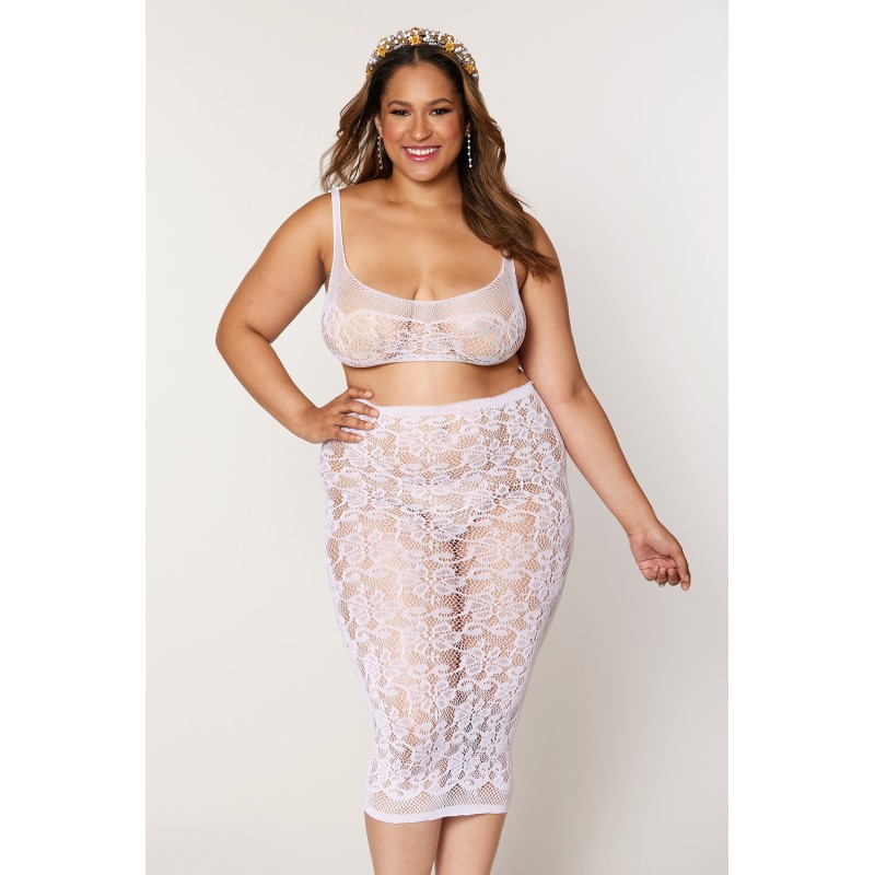 Ensemble 2 pièces grande taille, brassière résille fantaisie et jupe longue assorti 