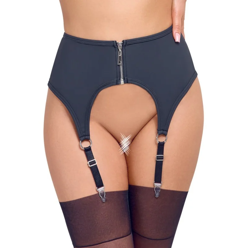 Porte-jarretelles noir mat Cottelli LINGERIE | Zip & anneaux argentés