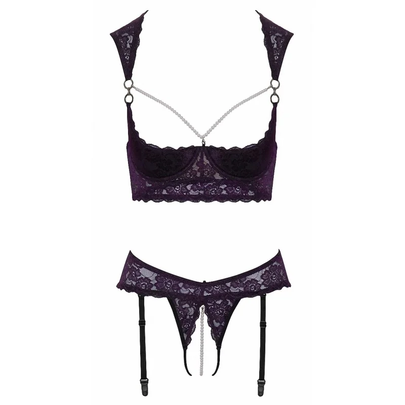 Ensemble lingerie ouverte violet dentelle - Cotelli Lingerie