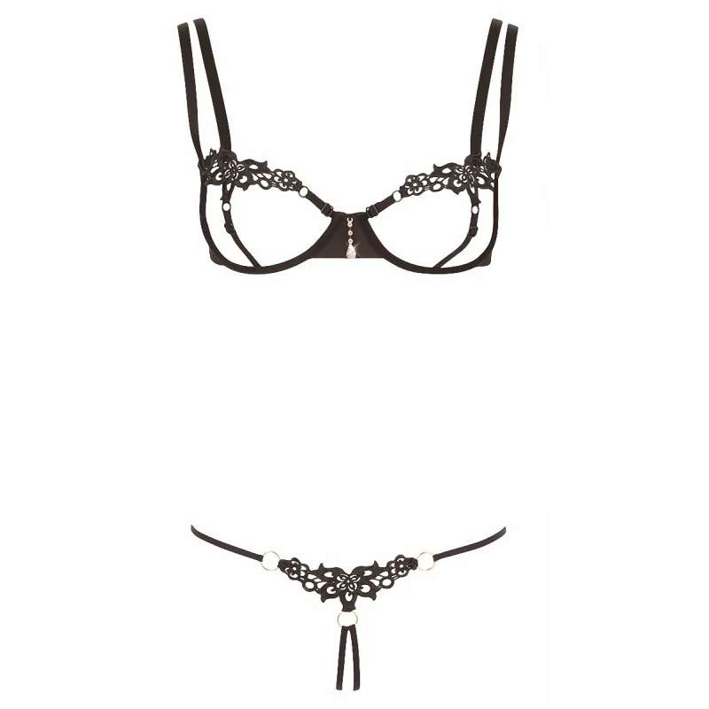 Ensemble dentelle seins nus & string ouvert noir - Cottelli
