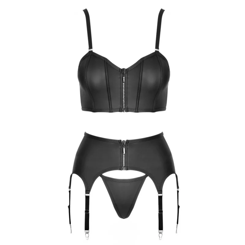 Ensemble lingerie 3 pièces porte-jarretelles noir mat - Cottelli PARTY