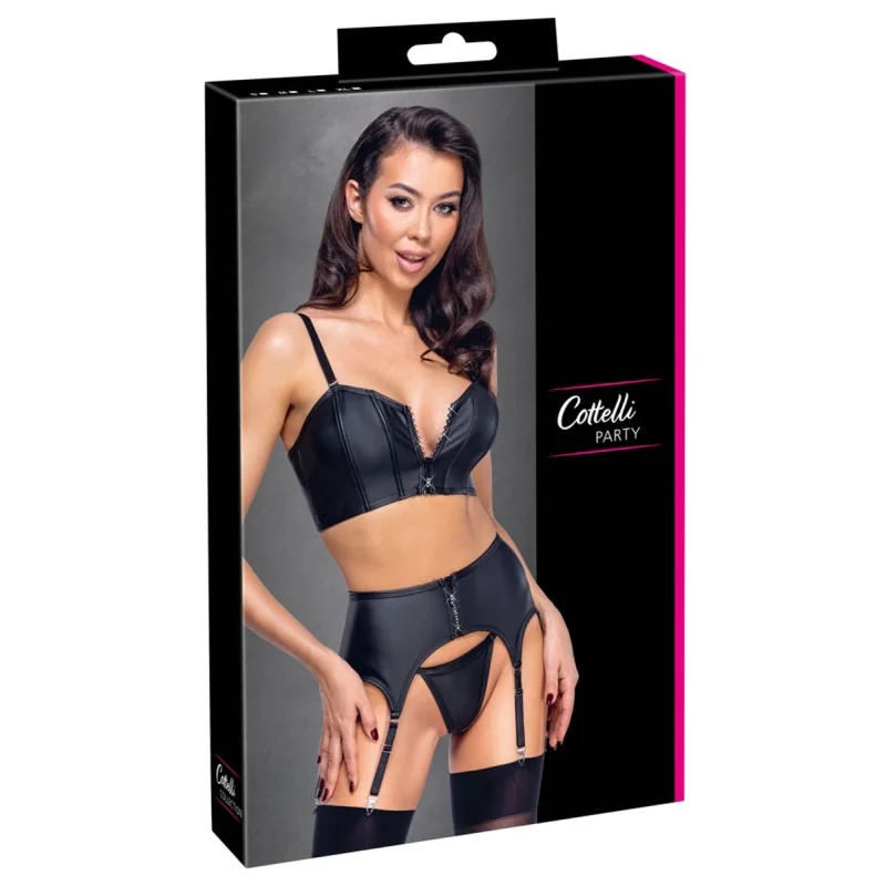 Ensemble lingerie 3 pièces porte-jarretelles noir mat - Cottelli PARTY