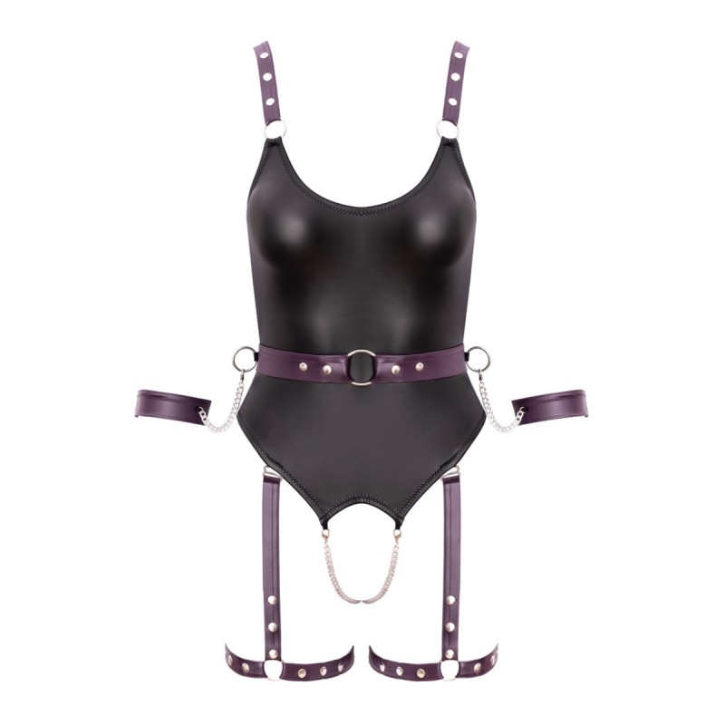 Body à jarretelles ouvert avec menottes - Cottelli Bondage