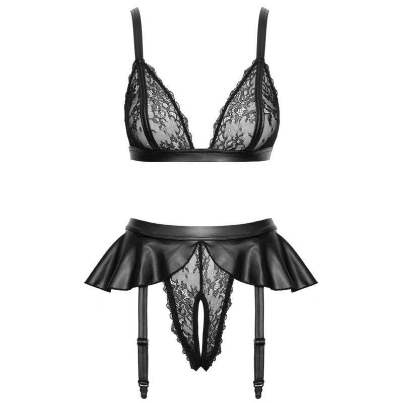 Soutien-gorge et slip fendu à jarretelles noir - Cottelli LINGERIE