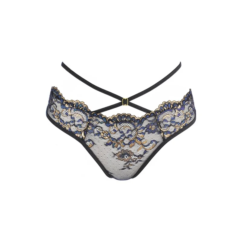 String Dentelle Noir Brodé Or & Bleu V-10368 Axami