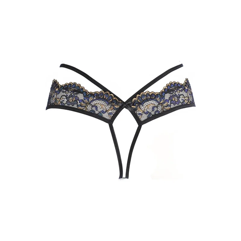 String Dentelle Noir Brodé Or & Bleu V-10368 Axami