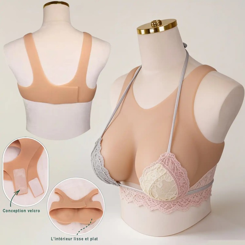 Buste faux seins silicone, style brassière, avec sangle Velcro