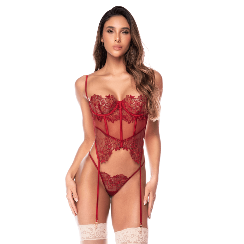 Ensemble 2 pièces avec bustier en dentelle brodée bois de rose, jarretelles et string - Mapalé Mapalé