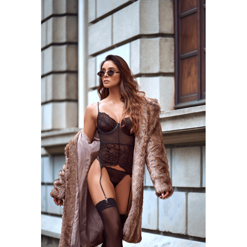 Ensemble 2 pièces avec bustier transparent à armatures et jarretelles noir - Mapalé Mapalé