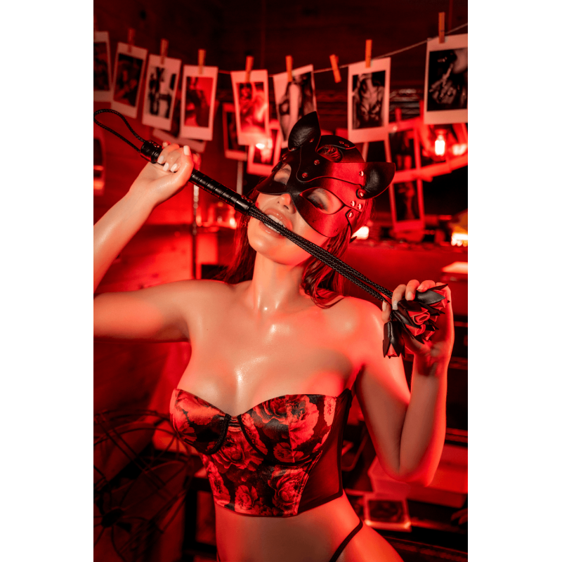 Ensemble 2 pièces noir et rouge avec corset sans bretelles imprimé et string - Mapalé Mapalé