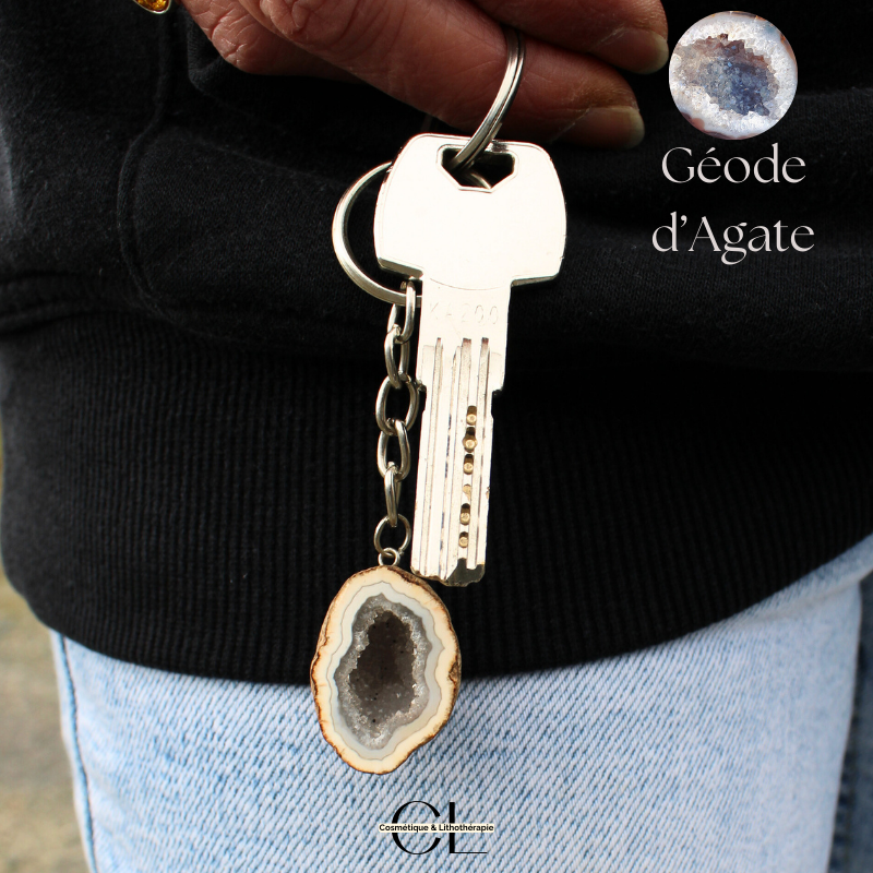 Porte-clefs avec pierre naturelle Géode Agate brute 3cm Lithothérapie