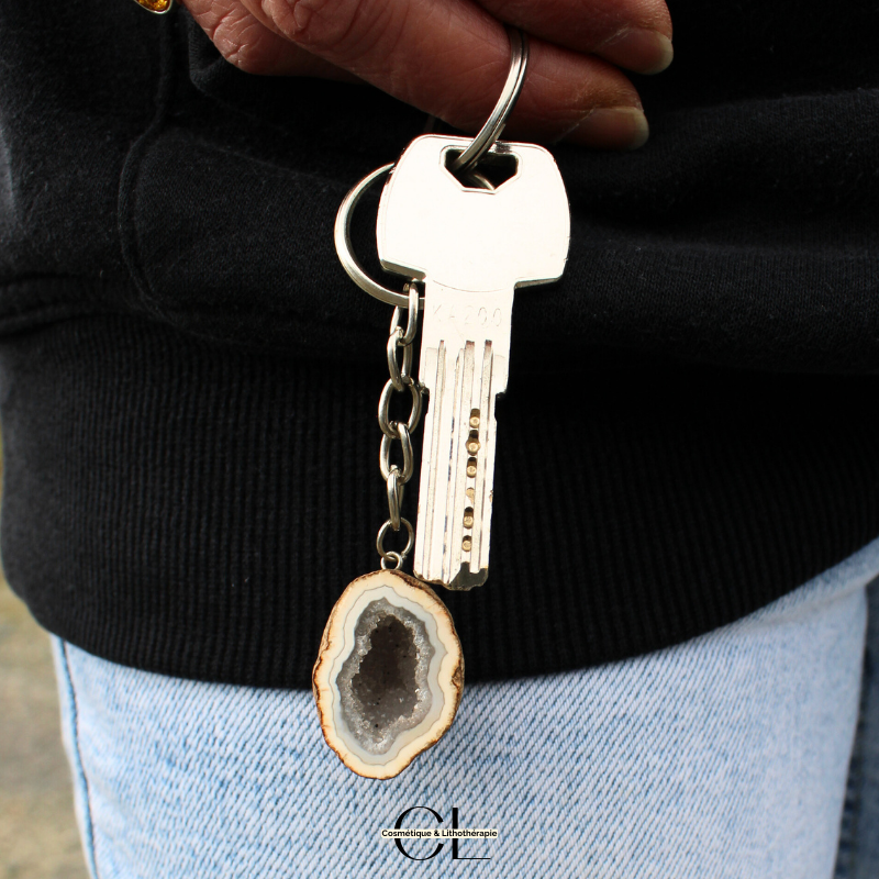 Porte-clefs avec pierre naturelle Géode Agate brute 3cm Lithothérapie
