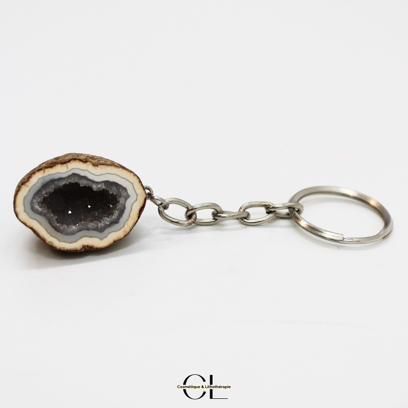 Porte-clefs avec pierre naturelle Géode Agate brute 3cm Lithothérapie