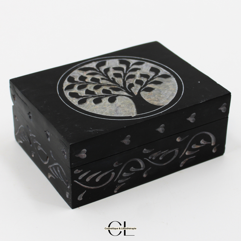 Boîte à bijoux en pierre Saponite rectangle Arbre de Vie 10cm Lithothérapie