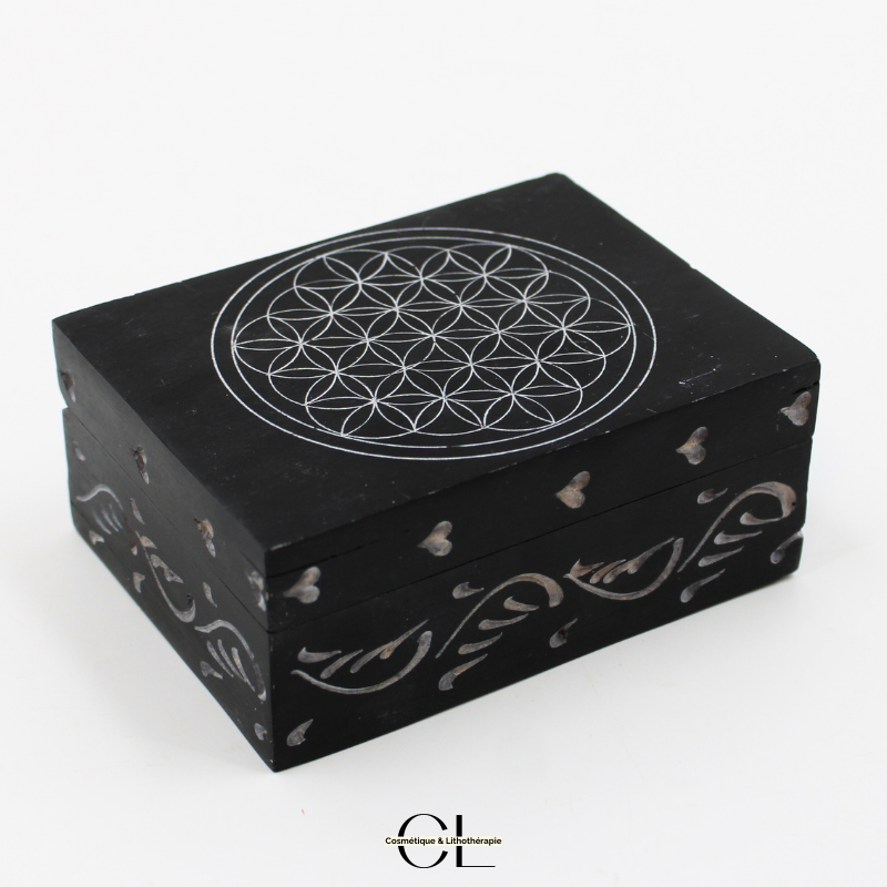 Boîte à bijoux en pierre Saponite rectangle Fleur de Vie 10cm Lithothérapie