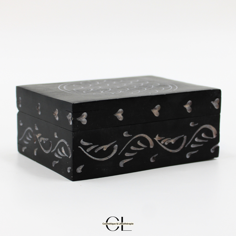 Boîte à bijoux en pierre Saponite rectangle Fleur de Vie 10cm Lithothérapie