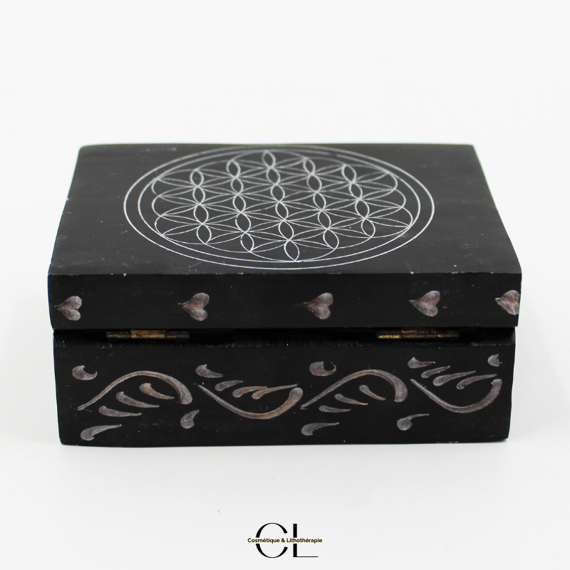 Boîte à bijoux en pierre Saponite rectangle Fleur de Vie 10cm Lithothérapie