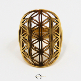 Bague Fleur de vie en acier inoxydable avec plaquage or Lithothérapie