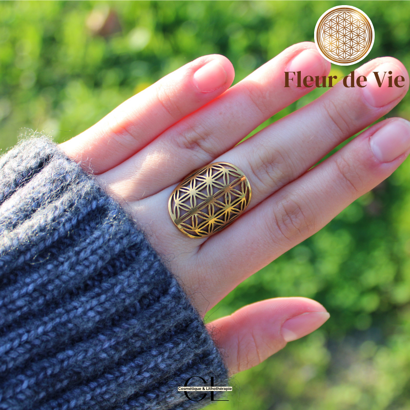 Bague Fleur de vie en acier inoxydable avec plaquage or Lithothérapie