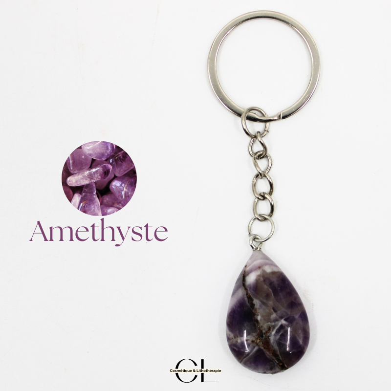 Porte-clefs avec pierre naturelle Amethyste AB 30mm en forme de goutte Lithothérapie
