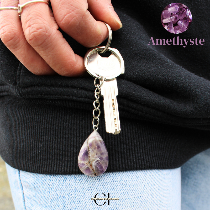 Porte-clefs avec pierre naturelle Amethyste AB 30mm en forme de goutte Lithothérapie