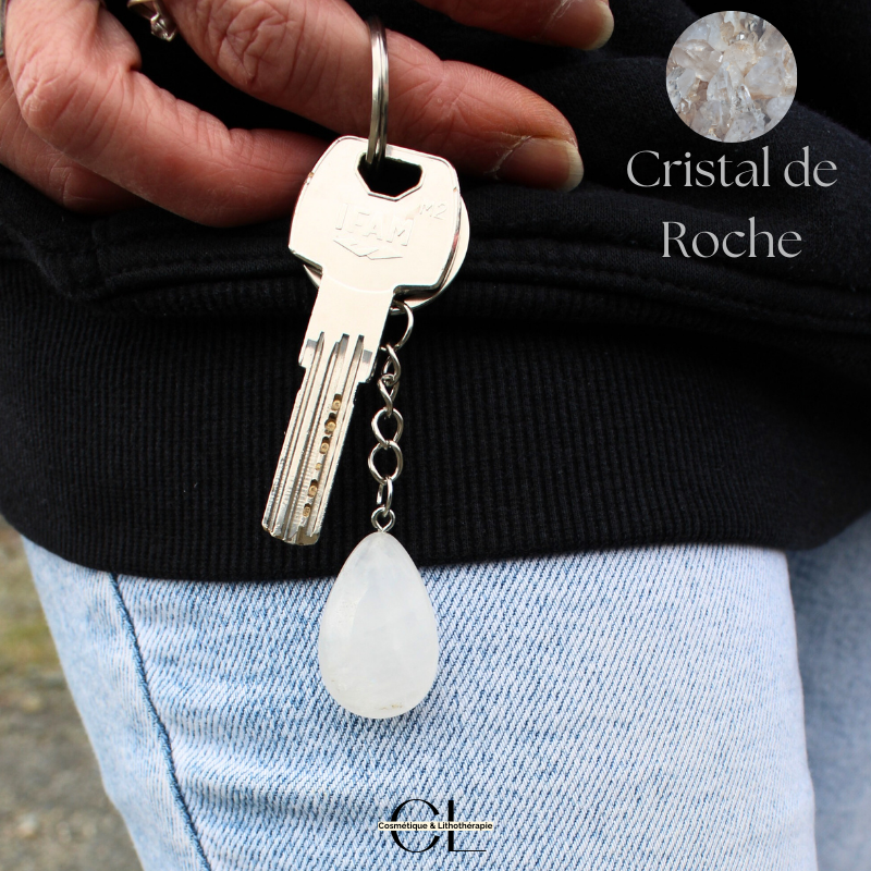 Porte-clefs en pierre naturelle Cristal de Roche A 30mm en forme de goutte Lithothérapie