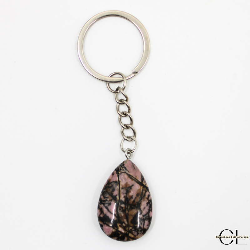 Porte-clefs avec pierre naturelle Rhodonite A 30mm en forme de goutte Lithothérapie