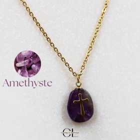 Collier chaine en acier inoxydable doré  avec pierre Améthyste A et Croix Lithothérapie
