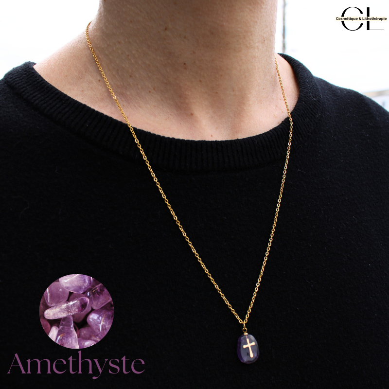 Collier chaine en acier inoxydable doré  avec pierre Améthyste A et Croix Lithothérapie