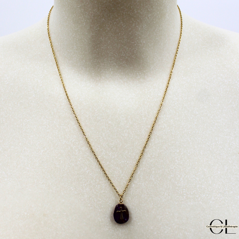 Collier chaine en acier inoxydable doré  avec pierre Améthyste A et Croix Lithothérapie