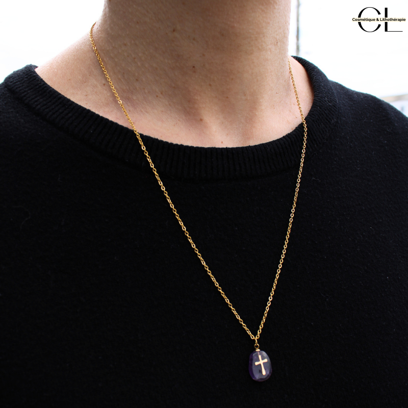 Collier chaine en acier inoxydable doré  avec pierre Améthyste A et Croix Lithothérapie