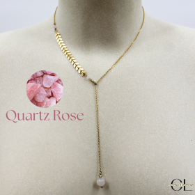 Collier chaine plume doré en forme Y  en acier inoxydable avec pierre Quartz Rose A 8mm Lithothérapie