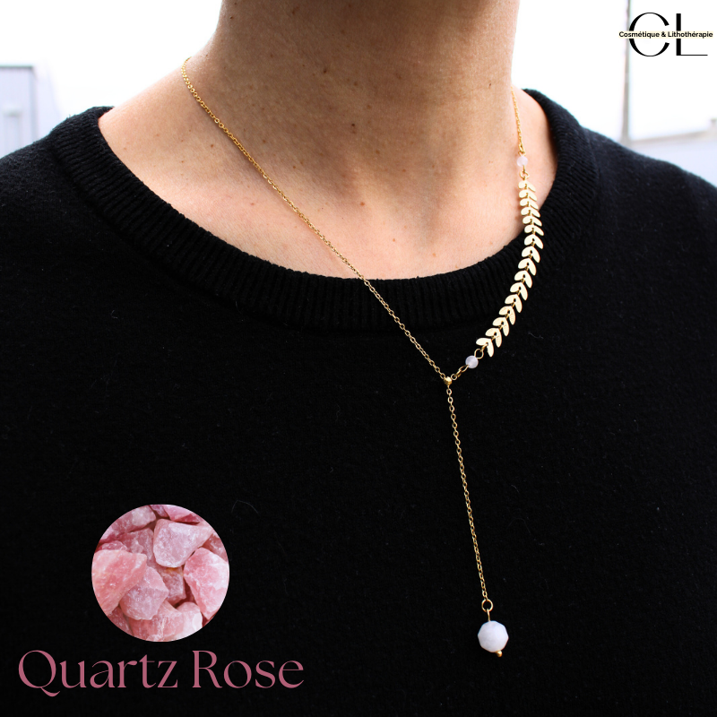 Collier chaine plume doré en forme Y  en acier inoxydable avec pierre Quartz Rose A 8mm Lithothérapie