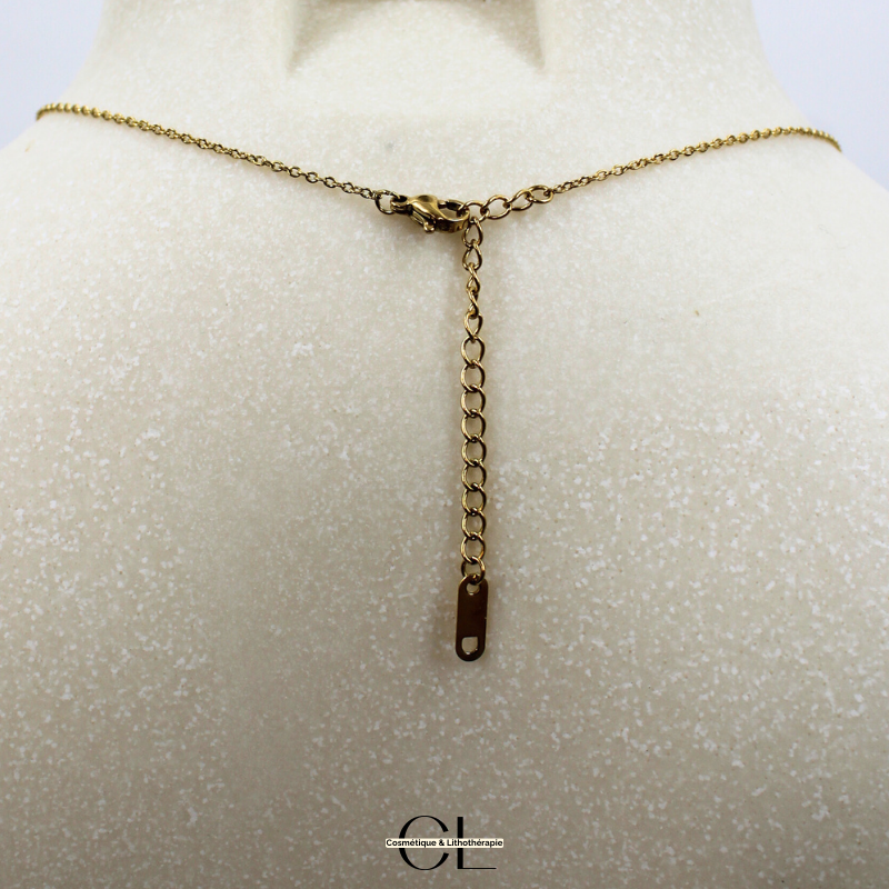 Collier chaine plume doré en forme Y  en acier inoxydable avec pierre Quartz Rose A 8mm Lithothérapie