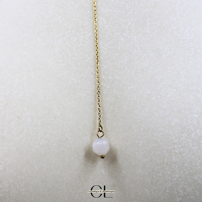 Collier chaine plume doré en forme Y  en acier inoxydable avec pierre Quartz Rose A 8mm Lithothérapie