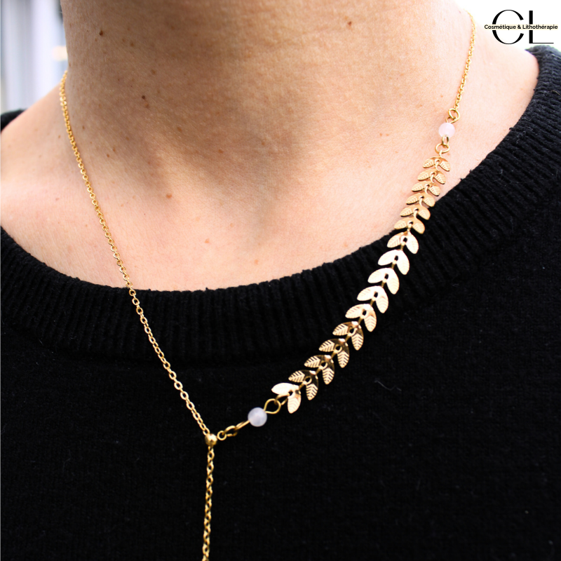 Collier chaine plume doré en forme Y  en acier inoxydable avec pierre Quartz Rose A 8mm Lithothérapie
