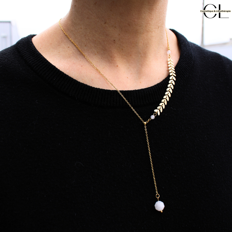 Collier chaine plume doré en forme Y  en acier inoxydable avec pierre Quartz Rose A 8mm Lithothérapie
