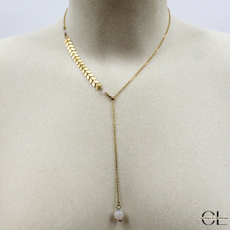 Collier chaine plume doré en forme Y  en acier inoxydable avec pierre Quartz Rose A 8mm Lithothérapie