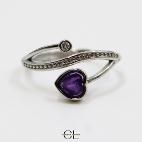 Bague en cuivre blanc ajustable facetté Amethyste AA en forme de cœur Lithothérapie