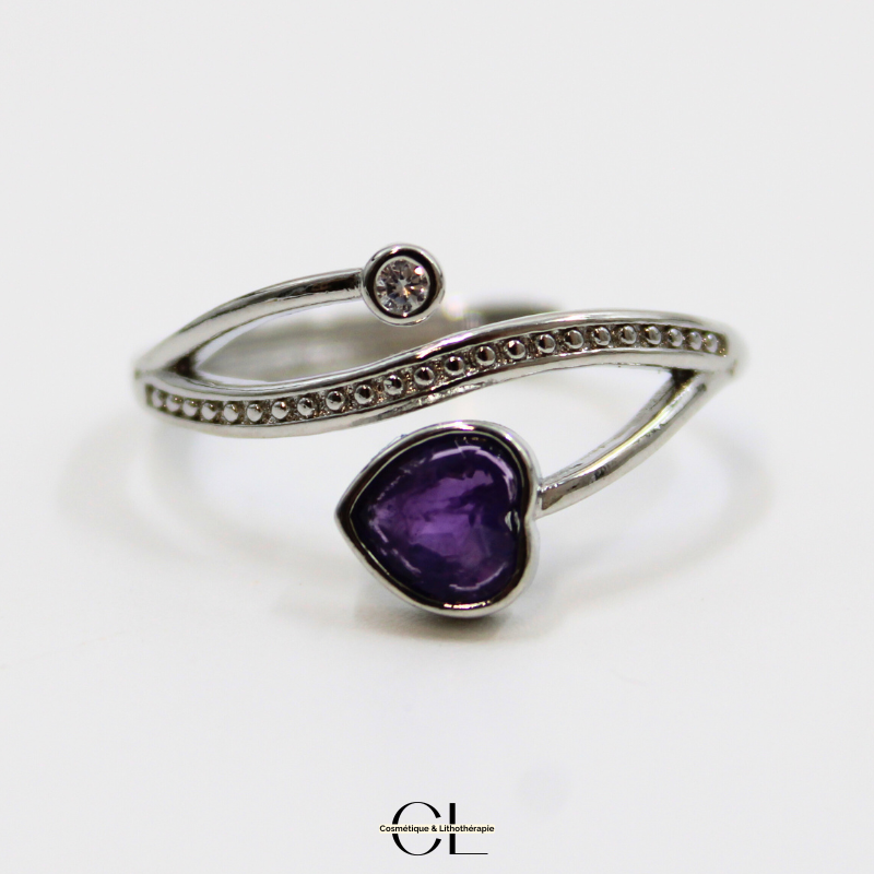Bague en cuivre blanc ajustable facetté Amethyste AA en forme de cœur Lithothérapie