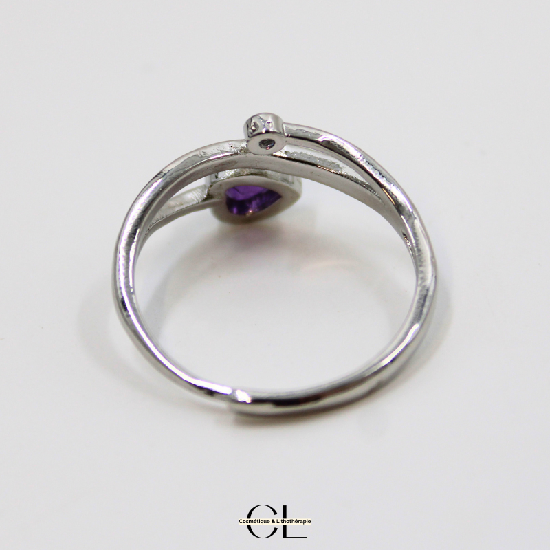 Bague en cuivre blanc ajustable facetté Amethyste AA en forme de cœur Lithothérapie