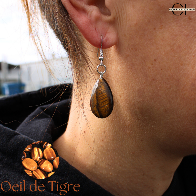 Boucles d'oreilles avec pierre Oeil de Tigre A en forme de goutte 25mm Lithothérapie