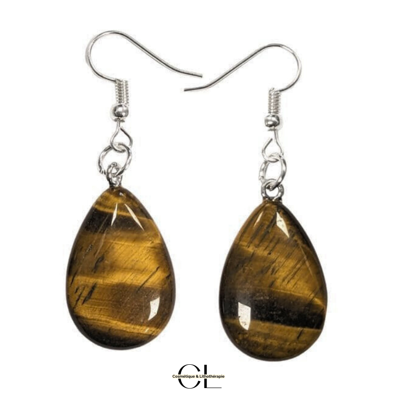 Boucles d'oreilles avec pierre Oeil de Tigre A en forme de goutte 25mm Lithothérapie