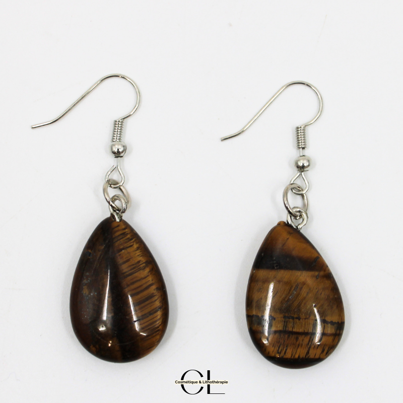 Boucles d'oreilles avec pierre Oeil de Tigre A en forme de goutte 25mm Lithothérapie