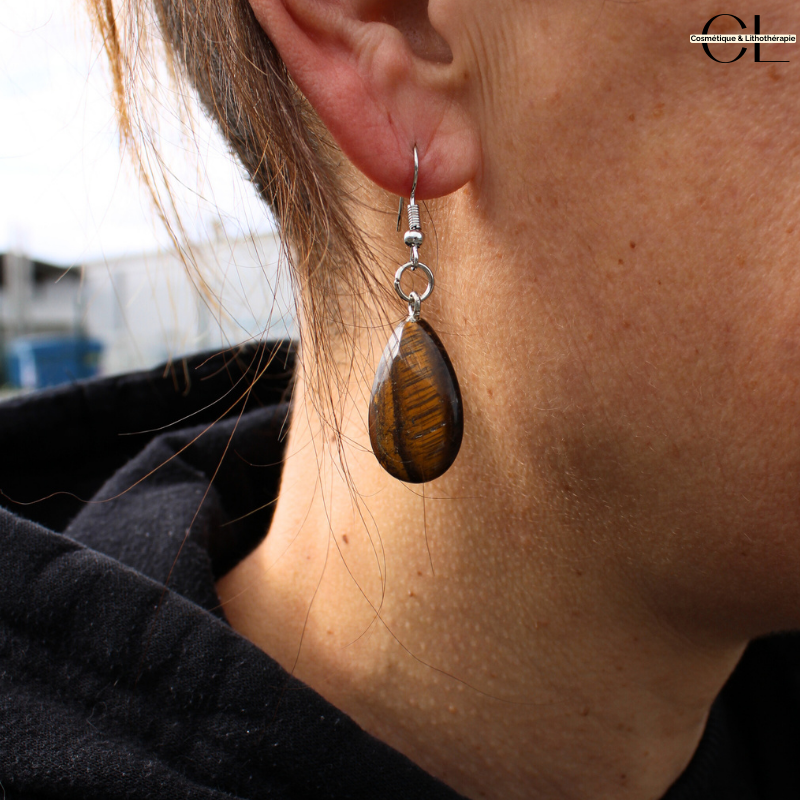 Boucles d'oreilles avec pierre Oeil de Tigre A en forme de goutte 25mm Lithothérapie