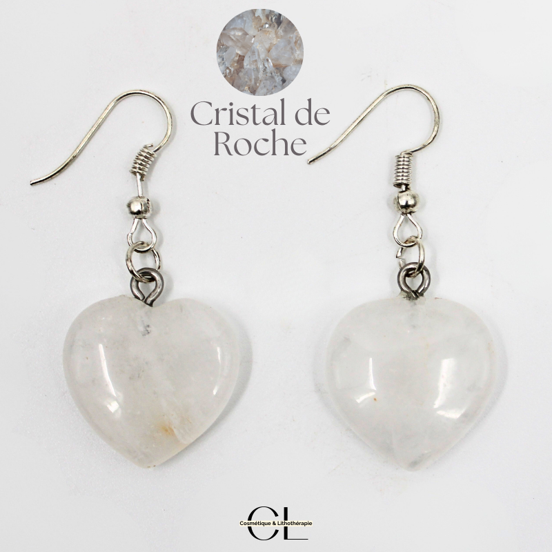 Boucles d'oreilles avec pierre Cristal de Roche AB en forme de coeur 20mm Lithothérapie