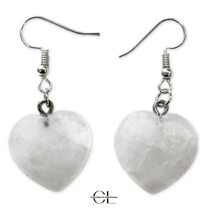 Boucles d'oreilles avec pierre Cristal de Roche AB en forme de coeur 20mm Lithothérapie