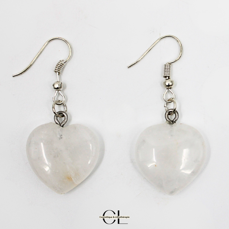 Boucles d'oreilles avec pierre Cristal de Roche AB en forme de coeur 20mm Lithothérapie