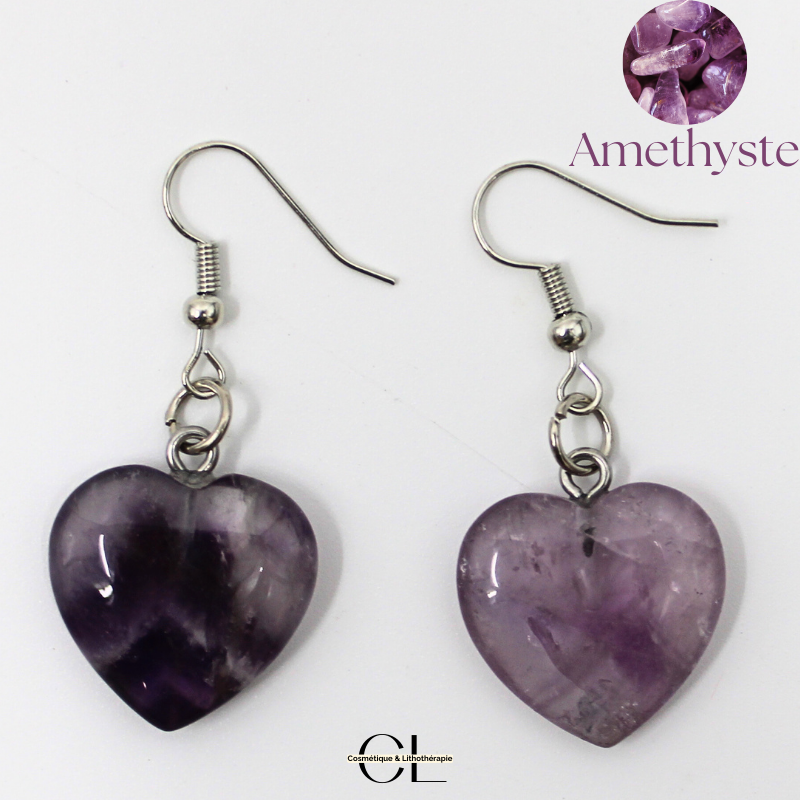 Boucles d'oreilles avec pierre Amethyste AB en forme de coeur 20mm Lithothérapie